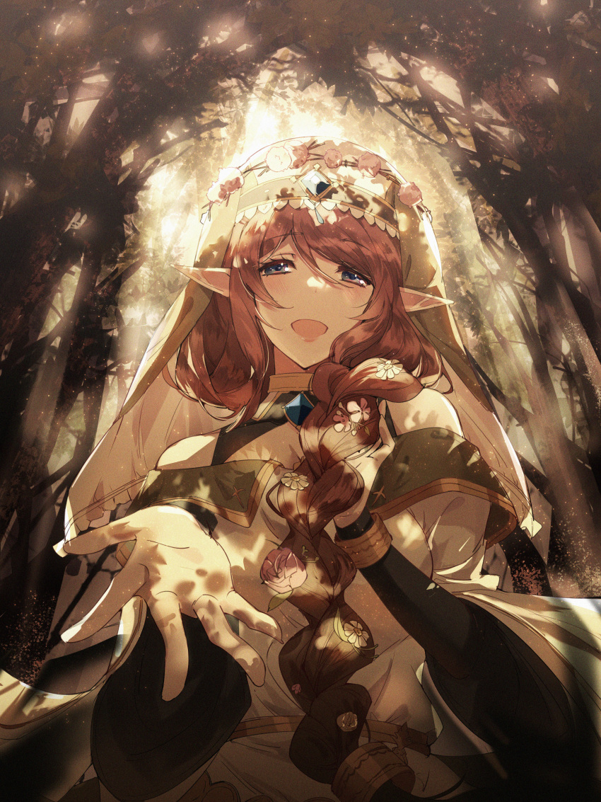 1girl :d absurdres bangs beckoning blue_eyes braid brown_hair cleavage_cutout clothing_cutout daisy dappled_sunlight dress elf flower flower_braid forest habit hair_between_eyes hair_flower hair_ornament hand_in_own_hair highres long_hair looking_at_viewer misato_(princess_connect!) nature open_hand pink_flower pink_rose pointy_ears princess_connect! qianlilingjiang rose shoulder_cutout single_braid smile solo sunlight upper_body white_dress white_flower wide_sleeves