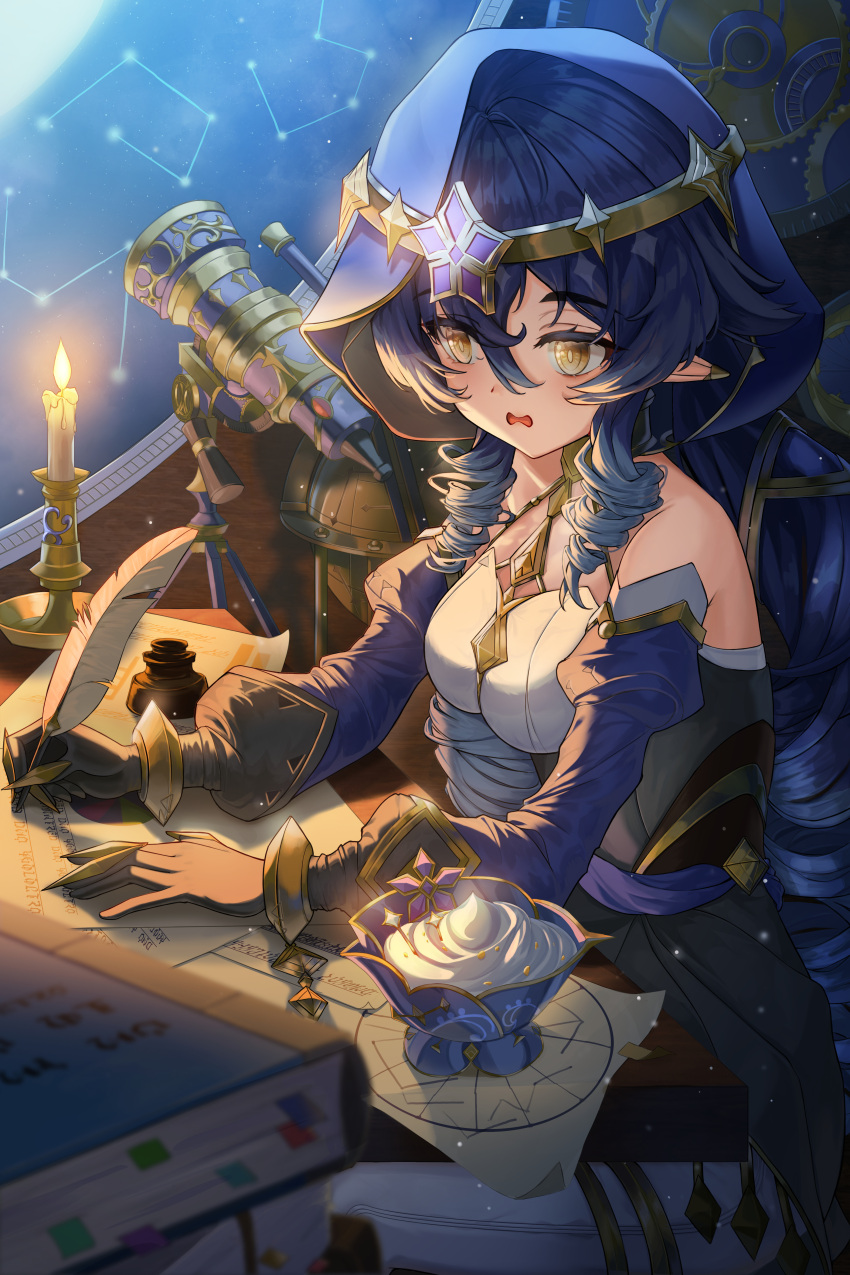 1girl absurdres bangs blue_hair blue_headwear blue_sleeves blush candlelight circlet cup curly_hair detached_sleeves dress genshin_impact gold_trim haires highres holding holding_quill indoors layla_(genshin_impact) letter long_hair long_sleeves moonlight night on_chair open_mouth pants quill sidelocks sitting solo telescope twintails white_dress white_pants window writing yellow_eyes