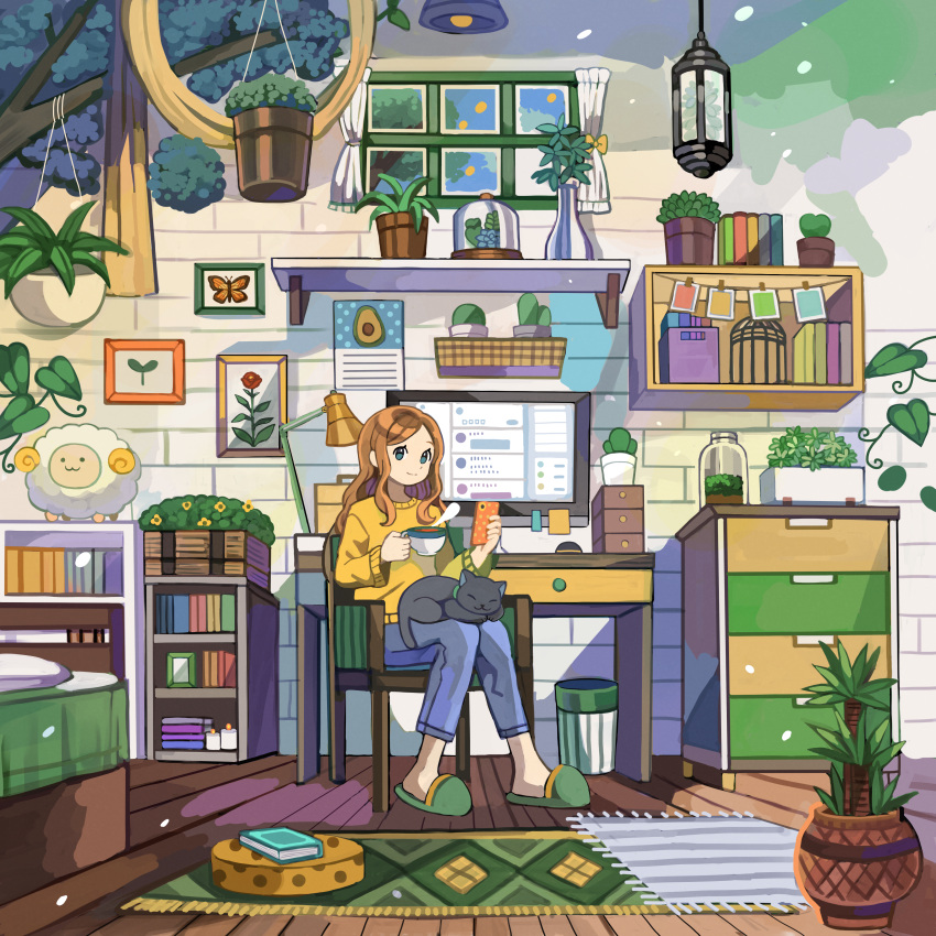 1girl absurdres blue_eyes blush book brown_hair cat chair closed_mouth denim desk green_footwear hanging_plant highres indoors jeans long_hair mituhati original pants plant potted_plant sitting slippers smile solo window