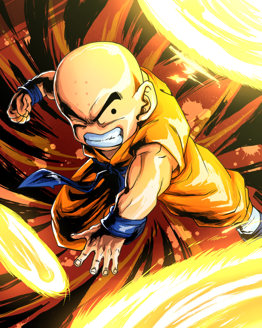 1boy angry baggy_pants bald biceps blue_sash clenched_hand clenched_teeth commentary_request dougi dragon_ball dragon_ball_(classic) energy facial_mark forehead_mark highres incoming_attack incoming_punch kouji08250 kuririn looking_at_viewer male_focus muscular one_eye_closed orange_pants pants parted_lips punching sash solo teeth v-shaped_eyebrows wristband