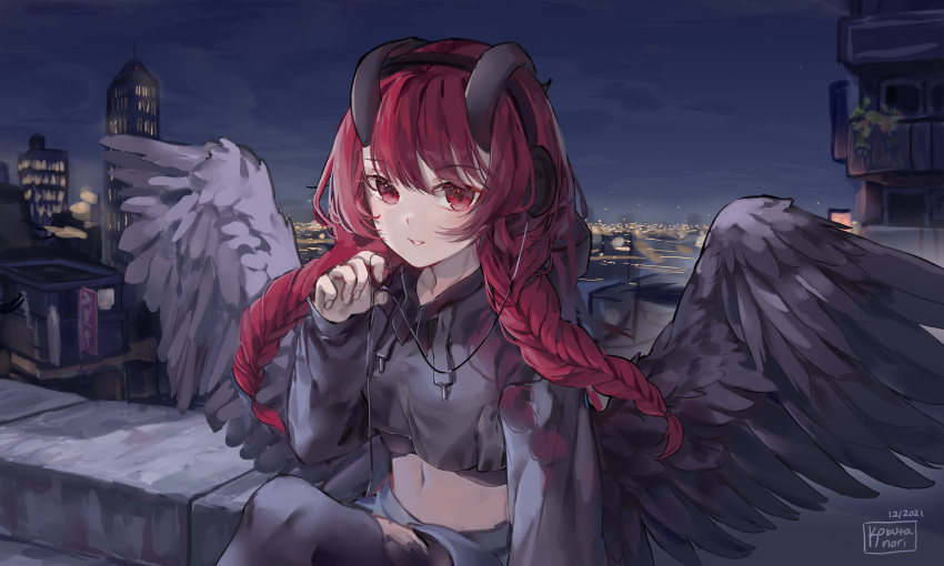 1girl black_hoodie black_pantyhose black_wings braid building city commentary copyright_request crop_top dated drawstring english_commentary feathered_wings feet_out_of_frame grey_skirt hand_up headphones highres hood hood_down hoodie knee_up kobutanori long_hair long_sleeves looking_at_viewer low_twintails midriff navel night night_sky outdoors pantyhose parted_lips puffy_long_sleeves puffy_sleeves red_eyes redhead signature skirt sky sleeves_past_wrists solo twin_braids twintails very_long_hair water wings
