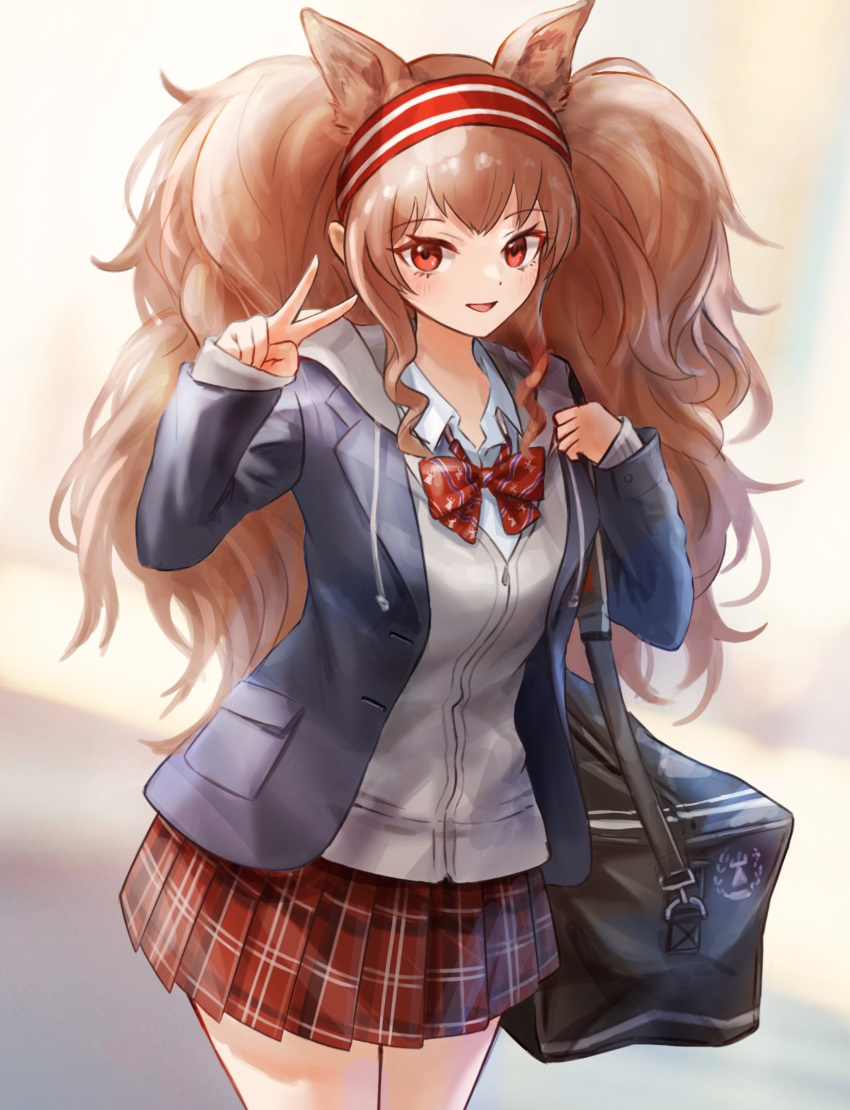 1girl :d angelina_(arknights) animal_ear_fluff animal_ears arknights bag black_jacket blazer bow brown_hair collared_shirt commentary_request cowboy_shot drawstring duffel_bag garvini grey_jacket hairband hands_up highres hood hood_down hooded_jacket jacket long_hair looking_at_viewer open_clothes open_jacket plaid plaid_skirt pleated_skirt red_bow red_eyes red_hairband red_skirt shirt skirt smile solo striped striped_hairband twintails very_long_hair white_shirt