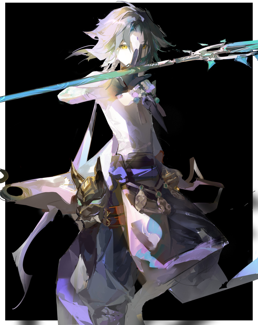 1boy absurdres arm_tattoo bangs bead_necklace beads black_gloves black_hair facial_mark forehead_mark genshin_impact gloves green_hair highres holding holding_polearm holding_weapon jewelry jing_mei_(hisk) male_focus mask multicolored_hair necklace orange_eyes polearm primordial_jade_winged-spear_(genshin_impact) simple_background solo spear tattoo weapon xiao_(genshin_impact)