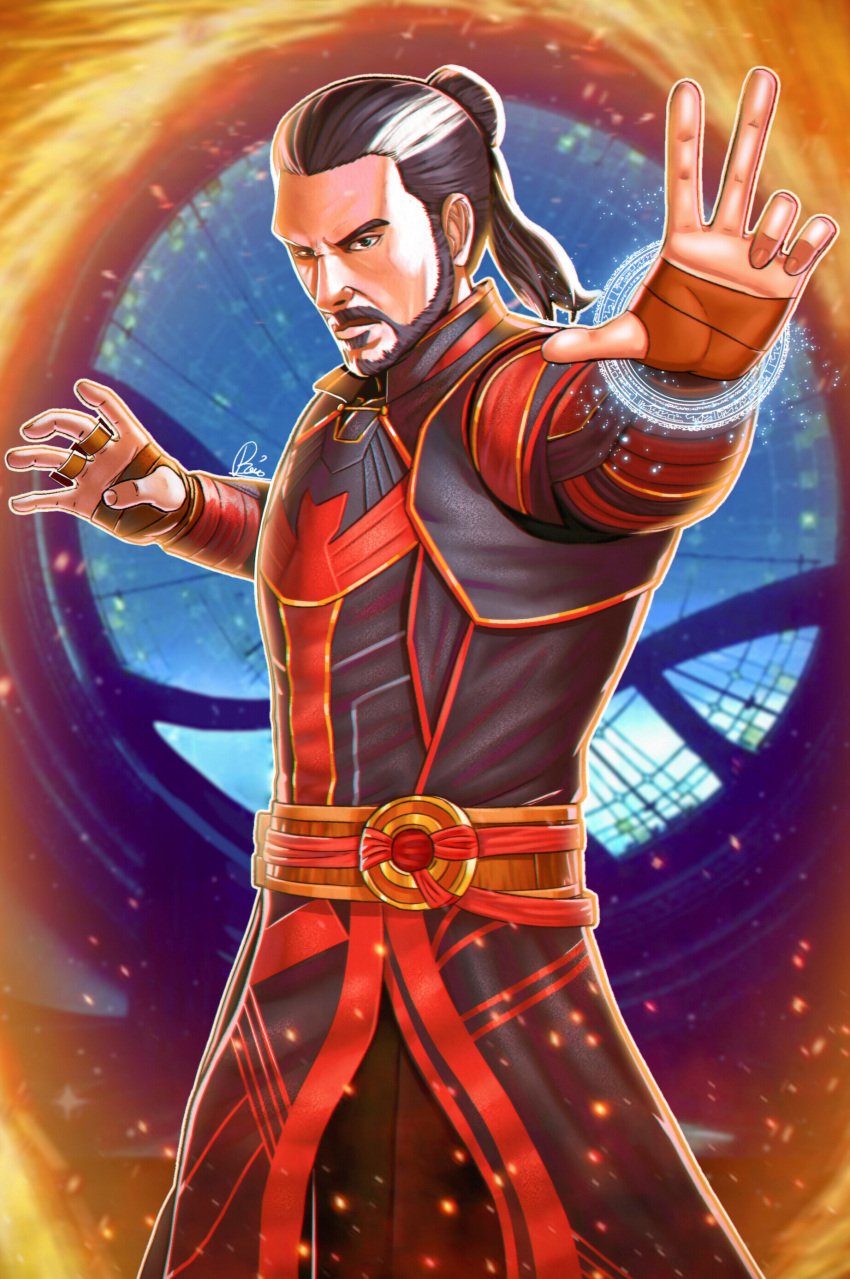 1boy absurdres alternate_costume animification bao_nguyen beard commentary cowboy_shot disney doctor_strange doctor_strange_in_the_multiverse_of_madness english_commentary facial_hair fantasy fighting_stance highres looking_at_viewer magic male_focus marvel multicolored_hair official_alternate_costume outstretched_arm two-tone_hair