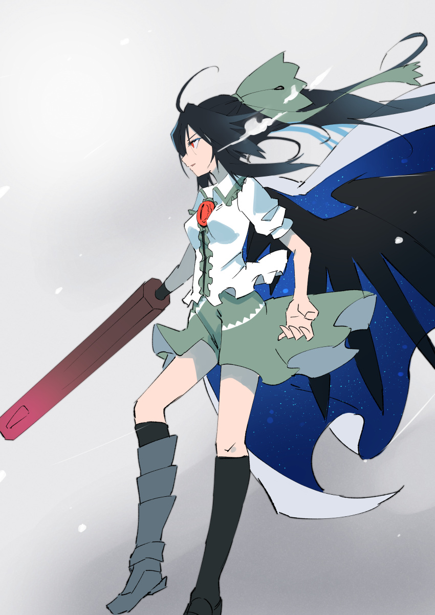 1girl absurdres ahoge arm_cannon asymmetrical_legwear bangs bird_wings black_hair black_socks black_wings bow cape from_side green_bow green_skirt hair_bow highres kakaricho_dairi long_hair mismatched_legwear red_eyes reiuji_utsuho shirt skirt sky socks solo star_(sky) starry_sky touhou weapon white_background white_cape white_shirt wings