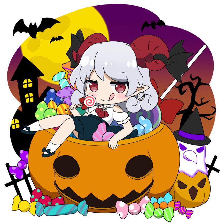 1girl :q alternate_costume bat_(animal) black_ribbon black_skirt candy curled_horns curly_hair eagle_spirit_(touhou) food full_body full_moon halloween hat highres horn_ornament horn_ribbon horns jack-o'-lantern lollipop looking_at_viewer moon outdoors pointy_ears red_eyes red_horns ribbon rizleting sheep_horns shirt short_hair skirt tongue tongue_out touhou toutetsu_yuuma white_hair white_shirt witch_hat