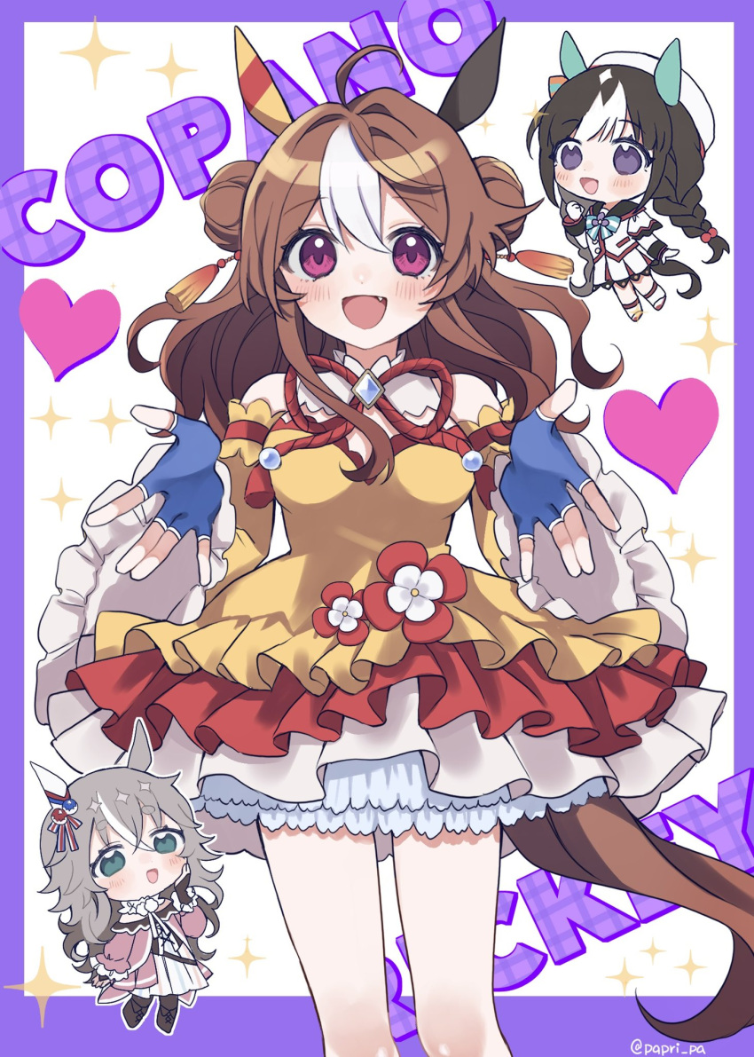 3girls ahoge animal_ears bangs bare_shoulders black_hair blue_gloves blush breasts brown_hair character_name chibi copano_rickey_(umamusume) detached_sleeves double_bun dress fang feet_out_of_frame fingerless_gloves gloves grey_hair hair_bun heart highres hokko_tarumae_(umamusume) horse_ears horse_girl horse_tail layered_dress long_hair looking_at_viewer medium_breasts multicolored_hair multiple_girls open_mouth papuchi_(papri_pa) petticoat smile solo_focus sparkle standing tail tassel twitter_username two-tone_hair umamusume violet_eyes wonder_acute_(umamusume)