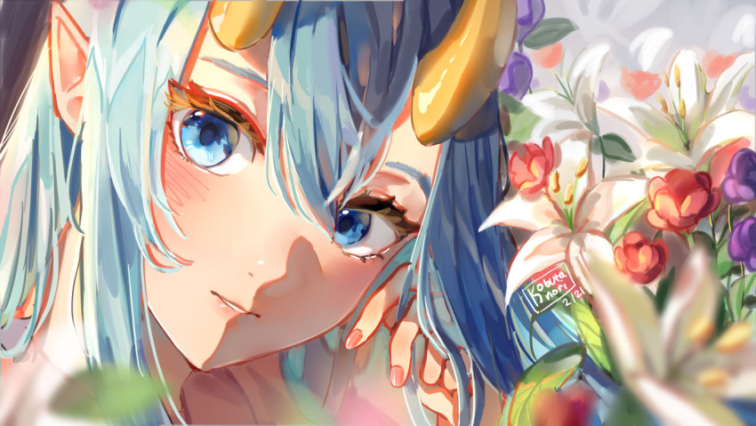 1girl bangs blue_eyes blue_hair blurry blurry_background blurry_foreground commentary dated depth_of_field english_commentary eyebrows_hidden_by_hair flower hair_between_eyes hand_up head_tilt horns kobutanori looking_at_viewer original parted_lips pointy_ears portrait purple_flower red_flower signature solo