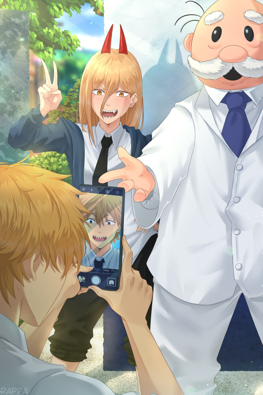 1girl 2boys bald bangs black_necktie blonde_hair blue_jacket blue_necktie chainsaw_man collared_shirt denji_(chainsaw_man) dr._simi facial_hair formal hair_between_eyes highres jacket long_hair looking_at_another meme multiple_boys mustache necktie open_mouth pants pants_rolled_up power_(chainsaw_man) rappa selfie selfie_prank_(meme) sharp_teeth shirt short_hair smile suit taking_picture teeth v white_hair white_jacket white_pants white_shirt yellow_eyes