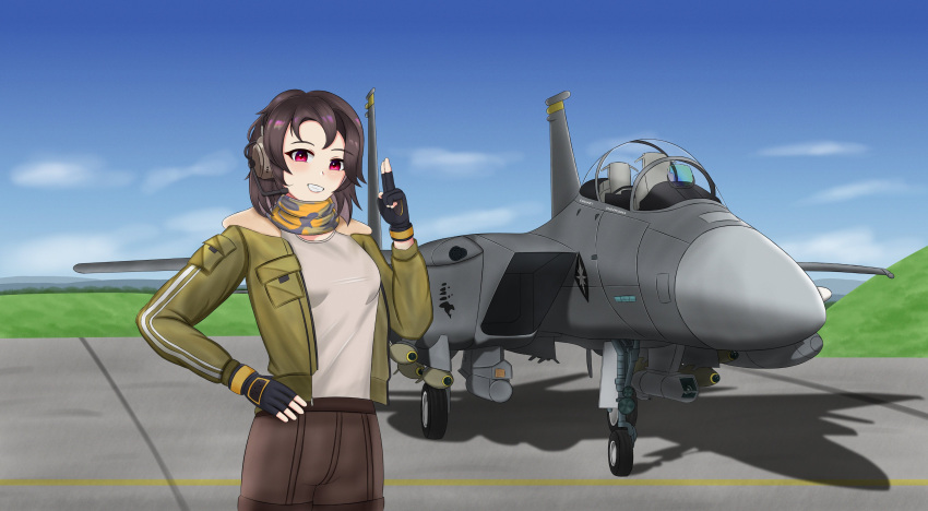 1girl absurdres aircraft airplane blue_sky bomb bomber_jacket brown_hair brown_shorts clouds earhart_(girls'_frontline_nc) explosive f-15_eagle fighter_jet fingerless_gloves girls'_frontline_neural_cloud gloves grass green_jacket grey_shirt headset highres jacket jet looking_at_viewer military military_vehicle red_eyes runway scarf shirt short_shorts shorts sky solo undercoder