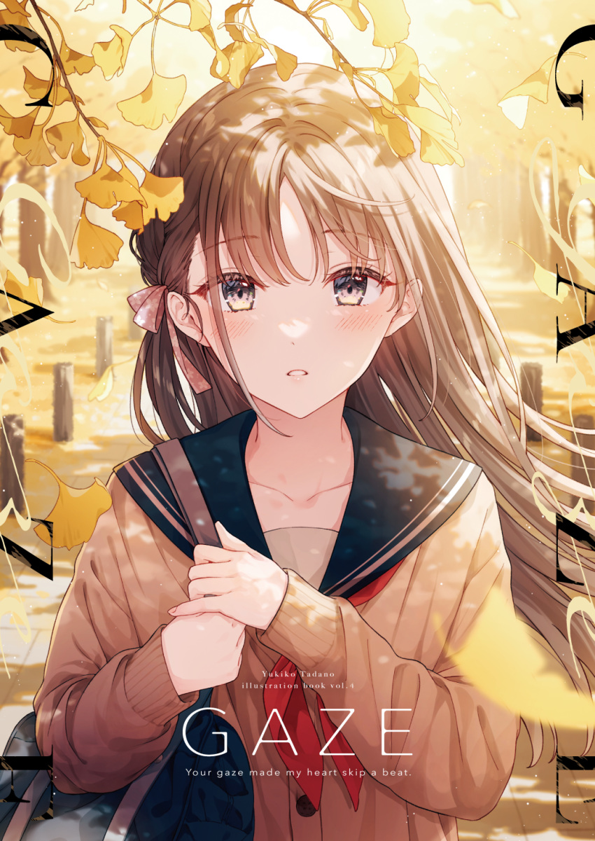 1girl aoi_yuki ascot autumn bag bangs black_sailor_collar blue_bag blush bow brown_hair brown_sweater collarbone comiket_101 commentary_request day english_text facing_viewer falling_leaves forest grey_eyes hair_bow highres holding holding_bag leaf long_sleeves looking_at_viewer nature open_mouth original outdoors own_hands_together parted_bangs pink_bow red_ascot sailor_collar sidelocks solo standing stone sunlight sweater teeth tree undershirt upper_body