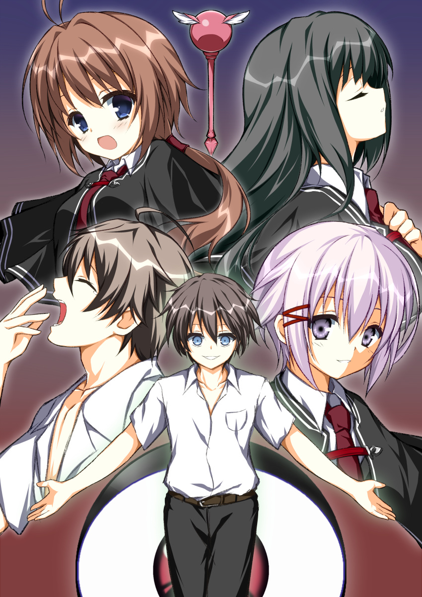 2boys 3girls absurdres asagi_nanami bangs black_hair blue_eyes blunt_bangs brown_hair capelet closed_eyes evil_smile hair_ornament hairclip hand_to_own_mouth highres light_purple_hair long_hair mamiya_takuji minakami_yukito multiple_boys multiple_girls necktie open_mouth otonashi_ayana ponytail purple_hair school_uniform short_hair sleepy smile takashima_zakuro tsui_no_sora wakatsuki_kotomi yawning