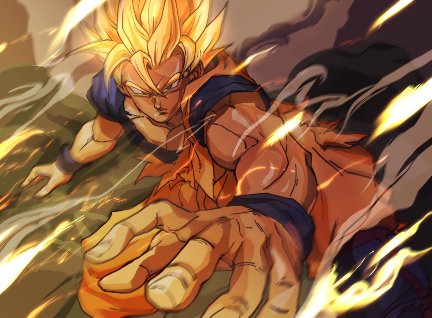 angry baggy_pants bangs biceps blonde_hair closed_mouth collarbone commentary_request dougi dragon_ball dragon_ball_z glaring glowing glowing_hair hair_between_eyes highres kouji08250 looking_at_viewer muscular muscular_male orange_pants outstretched_arm outstretched_hand pants parted_bangs pectorals smoke son_goku spiky_hair standing super_saiyan super_saiyan_2 v-shaped_eyebrows wristband