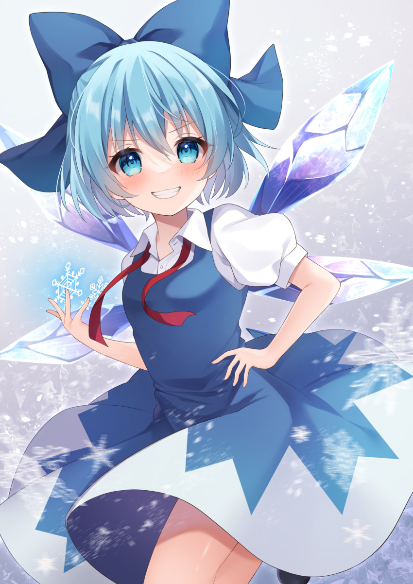 1girl blue_bow blue_dress blue_eyes blue_hair blush bow cirno collared_shirt dress fairy grin hair_between_eyes hair_bow highres ice ice_wings looking_at_viewer miy@ puffy_short_sleeves puffy_sleeves shirt short_hair short_sleeves smile snowflakes solo touhou white_shirt wings