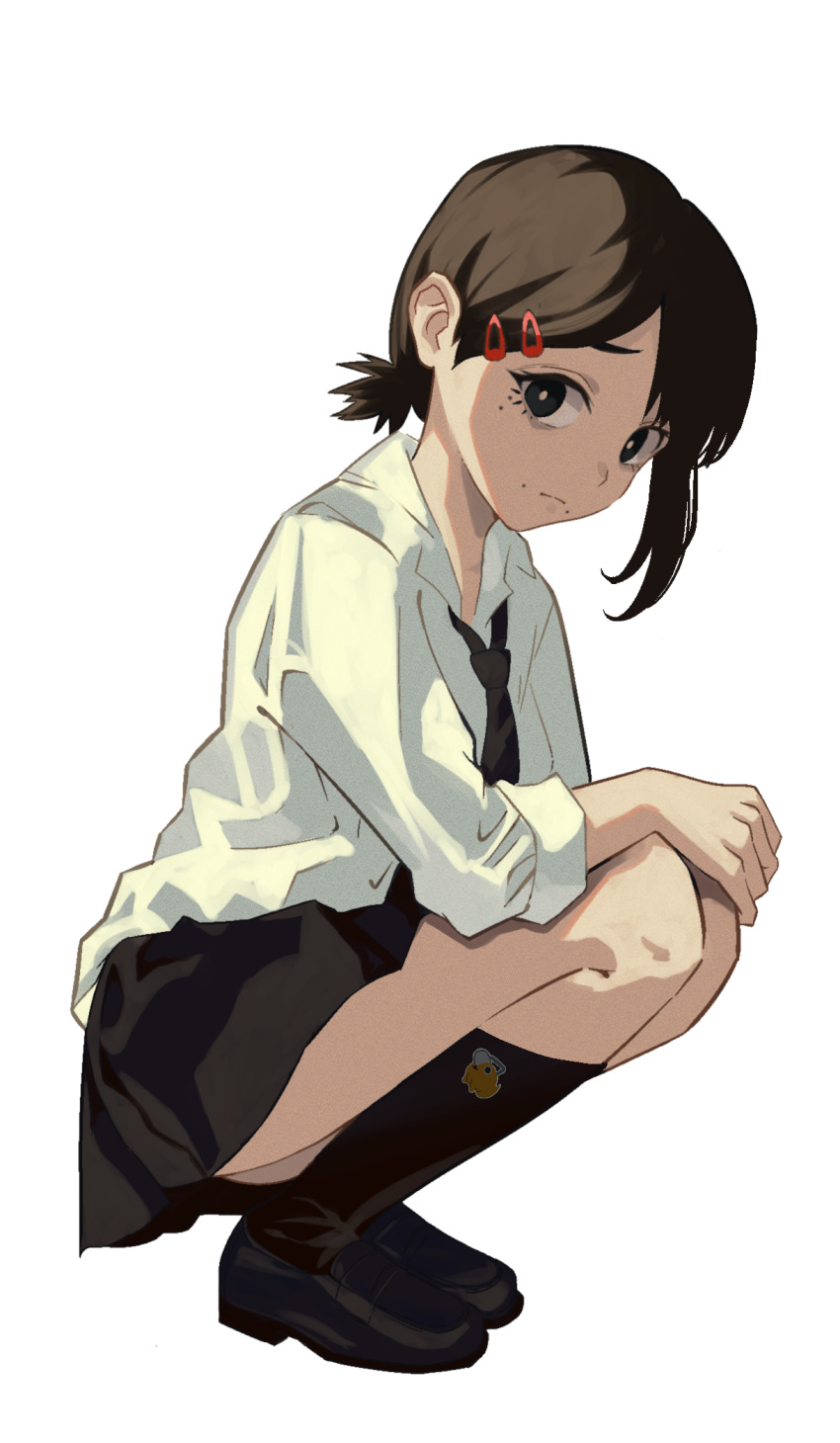 1girl black_eyes black_footwear black_hair black_necktie black_skirt black_socks bright_pupils chainsaw chainsaw_man commentary dress_shirt english_commentary expressionless film_grain from_side full_body gozuu hair_ornament hairclip hand_on_own_knee higashiyama_kobeni highres light_frown loafers long_sleeves looking_at_viewer looking_to_the_side loose_necktie mixed-language_commentary mole mole_under_eye mole_under_mouth necktie pochita_(chainsaw_man) raised_eyebrows shaded_face shirt shoes short_hair short_ponytail simple_background single_sidelock skirt sleeves_rolled_up socks solo squatting thick_eyebrows uniform white_background white_pupils white_shirt
