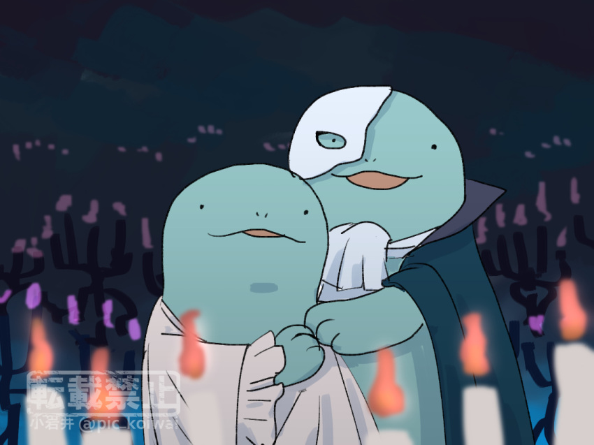 1boy 1girl ascot black_cape blurry blurry_foreground candle cape christine_daae erik_(phantom_of_the_opera) half_mask mask music no_humans parody phantom_of_the_opera pic_koiwai pokemon pokemon_(creature) quagsire singing twitter_username