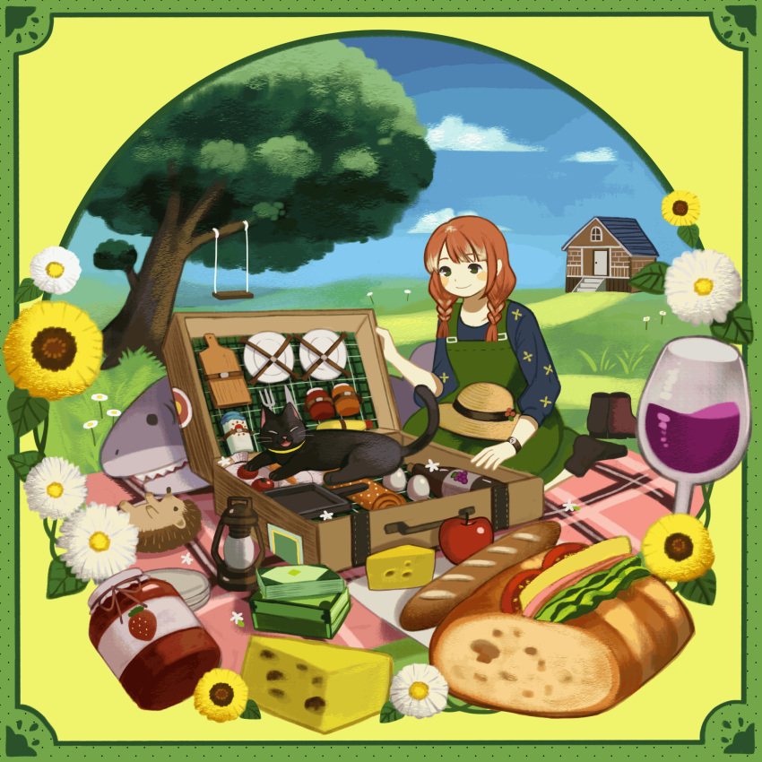 1girl alcohol animated animated_gif apple braid brown_hair cat cheese cup drinking_glass food fork fruit green_eyes hedgehog highres house knife lantern mituhati original outdoors picnic shark short_hair solo swing twin_braids watch watch wine wine_glass