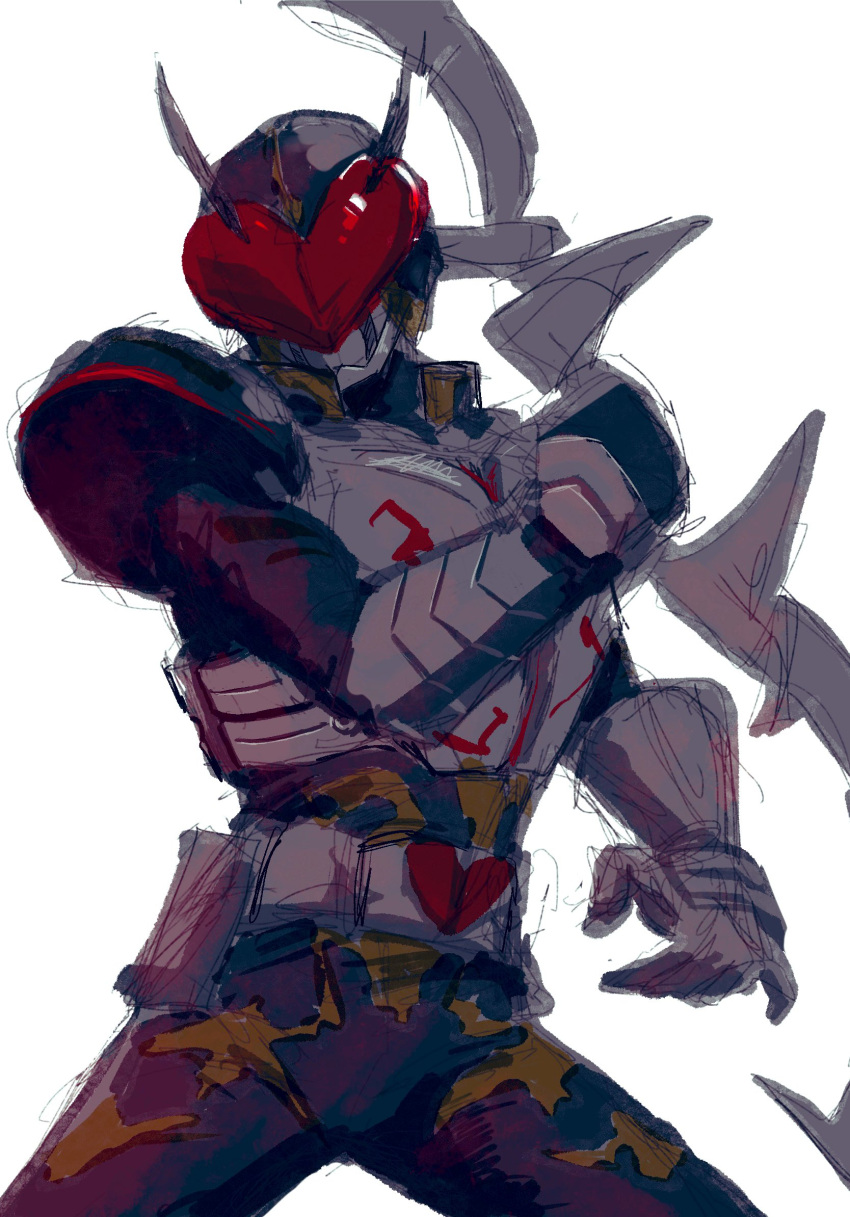 1boy armor black_armor black_bodysuit bodysuit boots bow_(weapon) cowboy_shot cropped_legs driver_(kamen_rider) ewokaku_himajin heart highres holding holding_weapon huge_weapon kamen_rider kamen_rider_blade_(series) kamen_rider_chalice male_focus oversized_object praying_mantis rider_belt shadow shoulder_armor sketch solo weapon