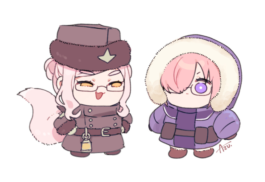 2girls :3 artist_name azu_(kirara310) belt brown_coat brown_footwear brown_headwear buttons chibi cloak closed_mouth coat commentary_request double-breasted double_bun fate/grand_order fate_(series) fox_tail fur-trimmed_coat fur-trimmed_headwear fur_trim glasses hair_bun hair_over_one_eye hands_on_hips hat hood hood_up hooded_cloak koyanskaya_(fate) koyanskaya_(russian_lostbelt_outfit)_(fate) long_sleeves mash_kyrielight multiple_girls official_alternate_costume one_eye_covered open_mouth pink_hair purple_coat shoes simple_background smile tail tamamo_(fate) thick_eyebrows violet_eyes white_background winter_clothes winter_coat yellow_eyes