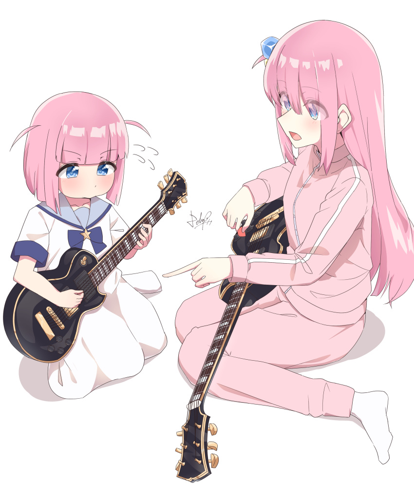 2girls absurdres blue_eyes bocchi_the_rock! cube_hair_ornament dress electric_guitar gotou_futari gotou_hitori guitar hair_ornament highres instrument long_hair multiple_girls music pants pink_hair pink_pants pink_track_suit playing_instrument plectrum sailor_collar sailor_dress school_uniform serafuku short_hair siblings signature simple_background sisters socks strings-lover white_background white_dress white_socks