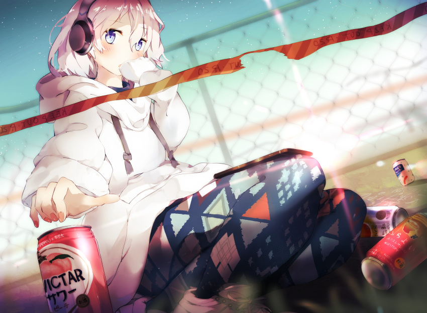 1girl absurdres bangs blue_eyes can fence headphones highres hood hood_down hooded_jacket hoodie jacket original pants pink_hair short_hair solo tape wavy_hair