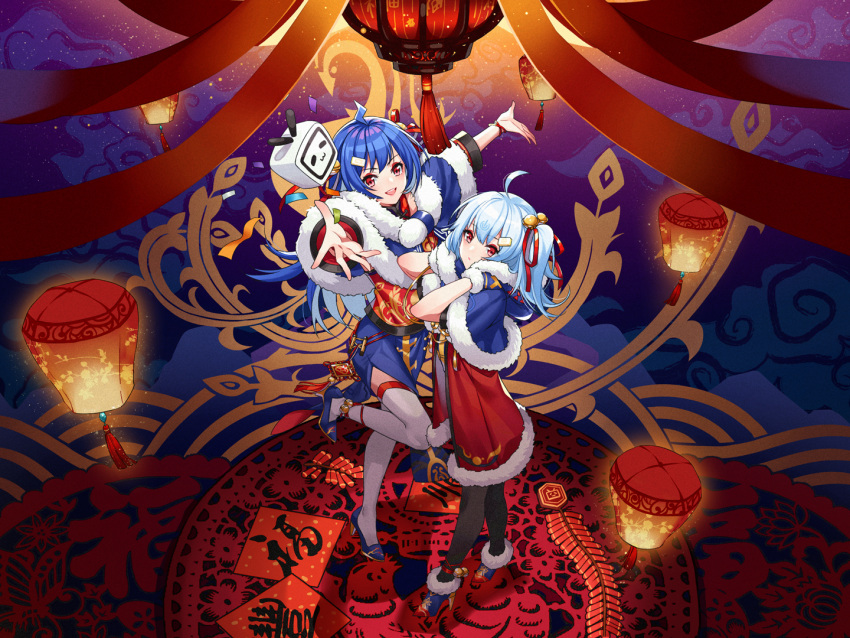 2girls :d ahoge animal_print ankle_bell anklet arms_up bell bili_girl_22 bili_girl_33 bilibili bird_print black_thighhighs blue_cloak blue_coat blue_dress blue_footwear blue_hair blue_mittens bracelet chest_cutout china_dress chinese_clothes chinese_knot chinese_new_year cloak coat dao_fu dress expressionless eyeshadow from_above full_body fur-trimmed_cloak fur-trimmed_coat fur-trimmed_footwear fur-trimmed_mittens fur_trim hair_bell hair_ornament hair_ribbon hands_on_own_cheeks hands_on_own_face high_heels hooded_coat jewelry lantern leg_up lightning_ahoge long_dress long_hair looking_at_viewer makeup mittens multiple_girls official_art outstretched_arms paper_lantern pelvic_curtain red_coat red_dress red_eyes red_eyeshadow red_ribbon ribbon short_dress short_hair short_sleeves side_ponytail sky_lantern smile standing standing_on_one_leg thigh-highs two-tone_coat two-tone_dress white_hair white_thighhighs xiao_dianshi