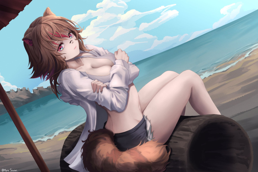 1girl animal_ears bare_legs beach blue_eyes blue_sky breast_hold breasts brown_hair clouds colored_inner_hair highres indie_virtual_youtuber jacket looking_at_viewer looking_to_the_side mana_(manasenshou) medium_breasts medium_hair multicolored_hair ocean open_clothes open_jacket pink_eyes raccoon_ears raccoon_girl raccoon_tail rakkun_sutaru shorts sitting sky solo sports_bra tail virtual_youtuber white_jacket