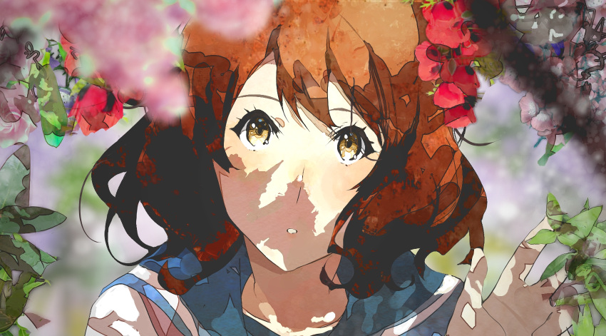 1girl :o bangs blue_sailor_collar blurry blurry_background blush branch brown_eyes brown_hair flower hibike!_euphonium highres kataru_(ubw-emiya) kitauji_high_school_uniform leaf looking_at_viewer neckerchief oumae_kumiko parted_lips pink_neckerchief red_flower sailor_collar school_uniform serafuku shirt short_hair short_sleeves solo tree uniform white_shirt