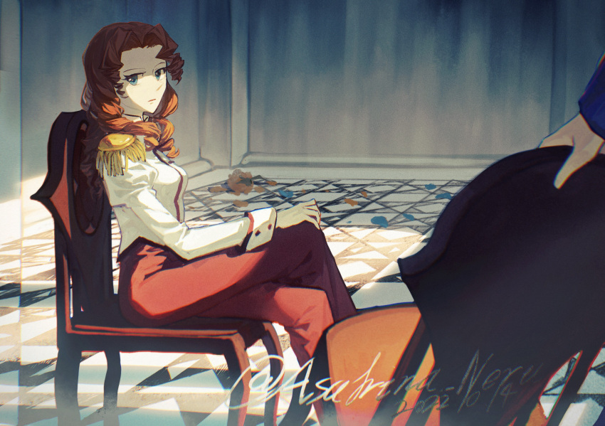 1girl arisugawa_juri blue_eyes chair closed_mouth crossed_legs curly_hair hand_on_own_knee highres holding indoors long_hair long_sleeves looking_at_viewer on_chair ootori_gakuen_school_uniform orange_hair pants red_pants ryuh_(asahina_neru) school_uniform shoujo_kakumei_utena sitting