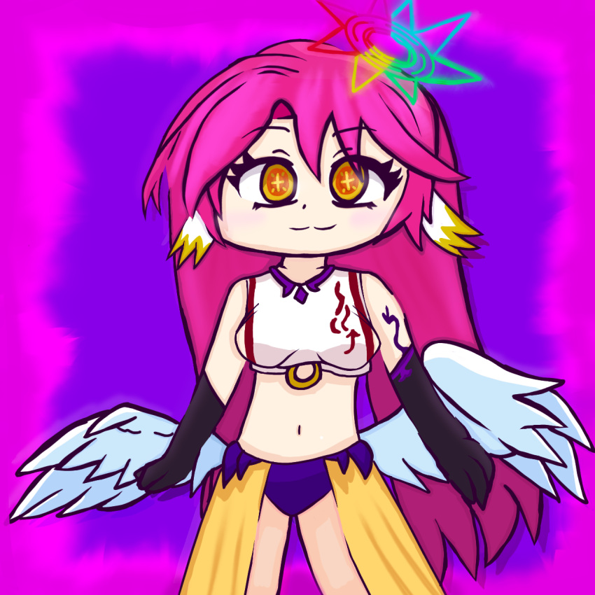 1girl angel angel_wings animal_ears arm_tattoo bird_ears closed_mouth elbow_gloves gloves halo highres jibril_(no_game_no_life) kerubin_art long_hair no_game_no_life pink_hair smile solo symbol-shaped_pupils tattoo very_long_hair wing_ears wings yellow_eyes