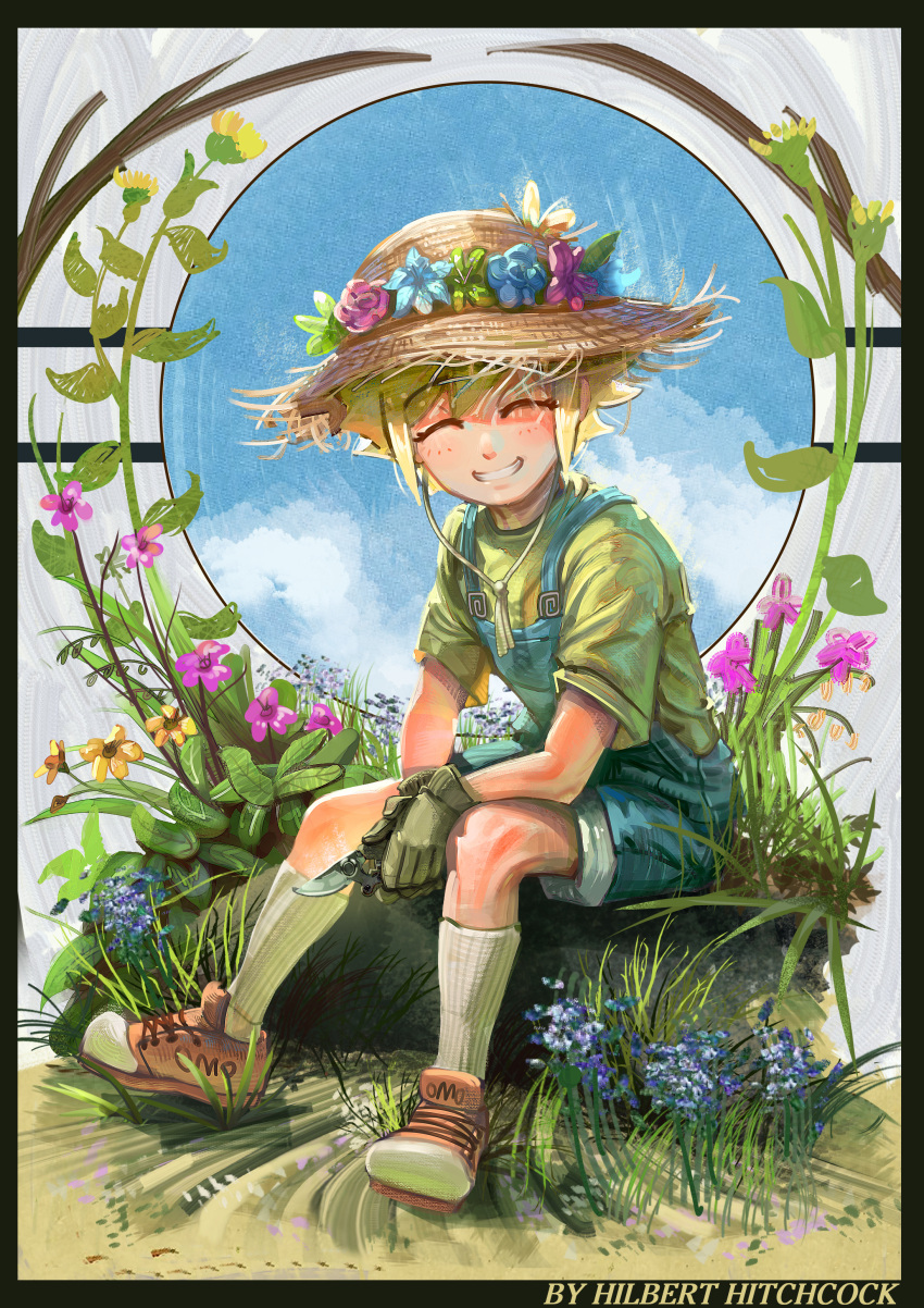1boy absurdres artist_name basil_(omori) blonde_hair blue_overalls blush closed_eyes facing_viewer gloves green_gloves green_shirt grin hat highres hilbert_hitchcock omori overall_shorts overalls parted_lips red_footwear shirt shoes short_hair short_sleeves sitting smile sneakers socks solo sun_hat teeth white_socks