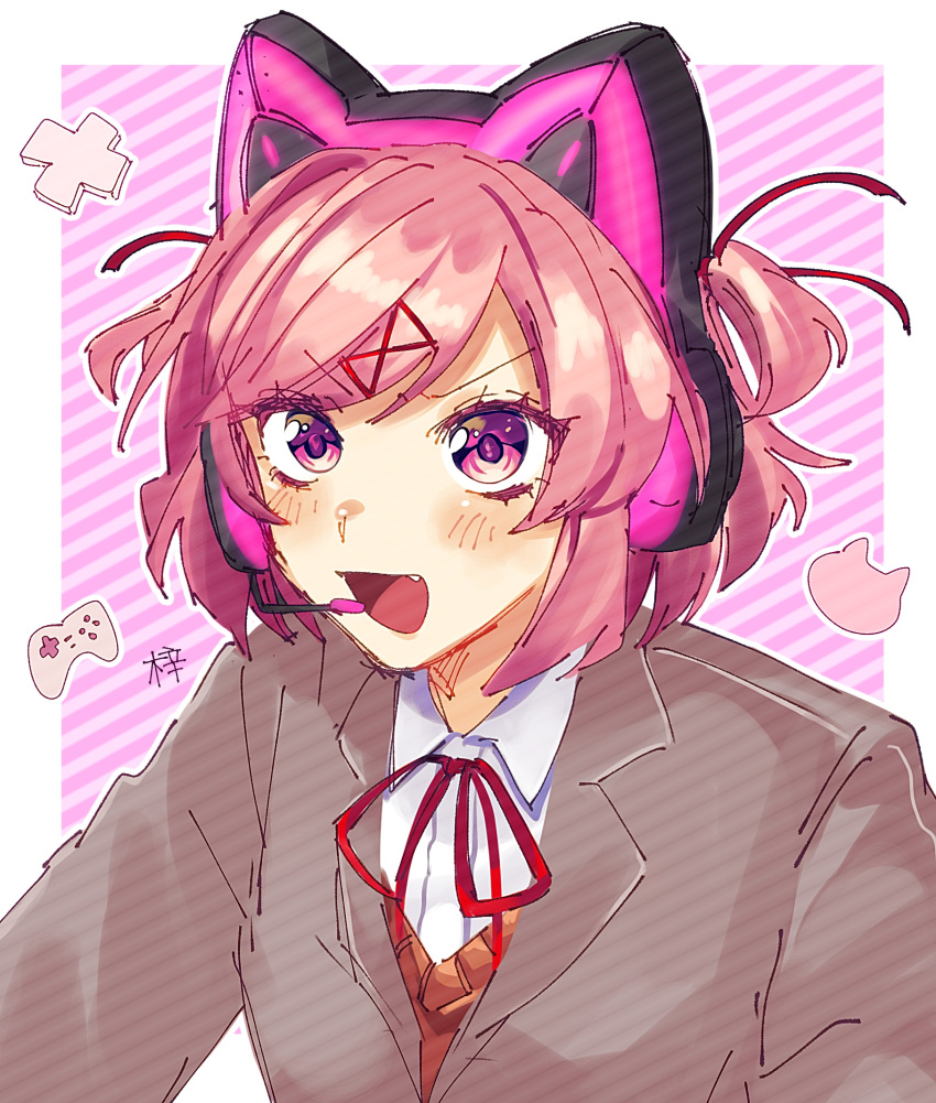 1girl :d animal_ear_headphones animal_ears artist_name azuyan bangs blazer blush bob_cut breasts brown_sweater_vest cat_ear_headphones cat_ears cat_symbol close-up commentary controller d-pad diagonal_stripes doki_doki_literature_club dress_shirt excited eyelashes fake_animal_ears fang game_controller grey_jacket hair_ornament hair_ribbon headphones headset highres jacket looking_ahead microphone natsuki_(doki_doki_literature_club) neck_ribbon open_mouth pink_background pink_eyes pink_hair pink_headphones playing_games portrait red_ribbon ribbon school_uniform shirt short_hair signature sketch small_breasts smile solo striped sweater_vest swept_bangs two_side_up upper_body v-shaped_eyebrows white_shirt x_hair_ornament