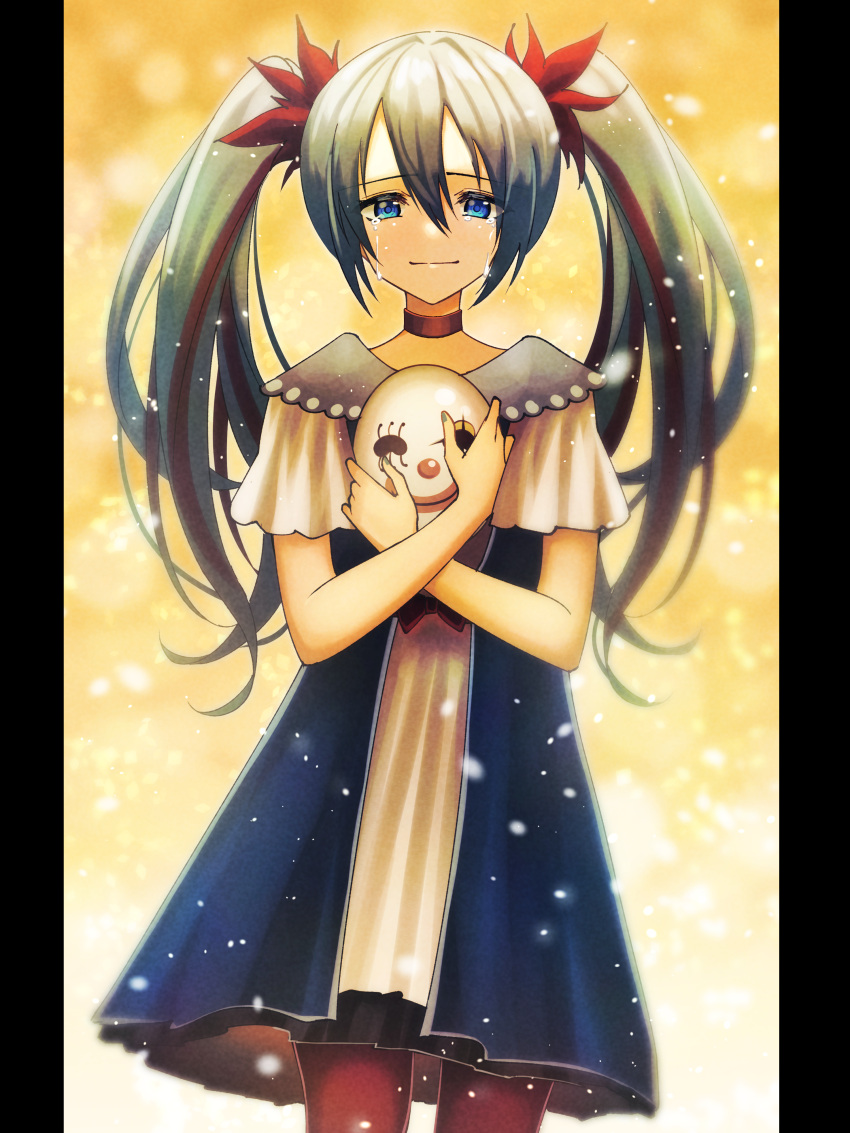 1girl :| absurdres aqua_hair aqua_nails bangs blue_eyes bow brown_choker choker closed_mouth clown_mask crossed_arms crying crying_with_eyes_open dress fingernails flower gradient gradient_background hair_between_eyes hair_flower hair_ornament hair_ribbon hatsune_miku highres holding holding_mask karakuri_pierrot_(vocaloid) long_hair looking_at_viewer mask multicolored_hair pantyhose pillarboxed red_bow red_ribbon ribbon smile solo straight-on streaked_hair tears tsumurimai twintails two-tone_hair very_long_hair vocaloid white_background yellow_background
