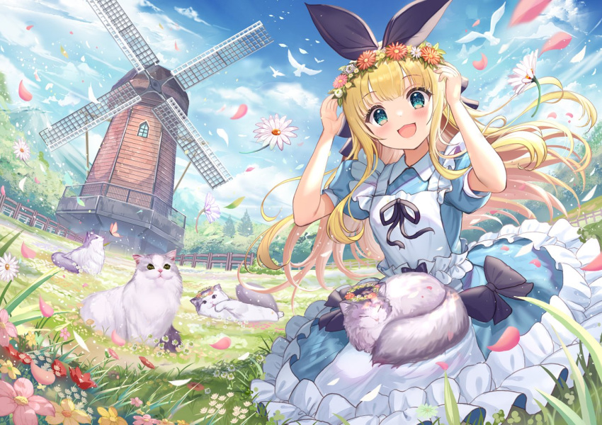 1girl akabane_(zebrasmise) apron bangs bird blonde_hair blush bow cat clouds cloudy_sky commentary_request day dress falling_petals flower frilled_dress frills grass green_eyes hair_flower hair_ornament long_hair looking_at_viewer mononobe_alice mountain nijisanji open_mouth outdoors petals pink_flower red_flower scenery sky virtual_youtuber white_apron white_flower windmill yellow_flower