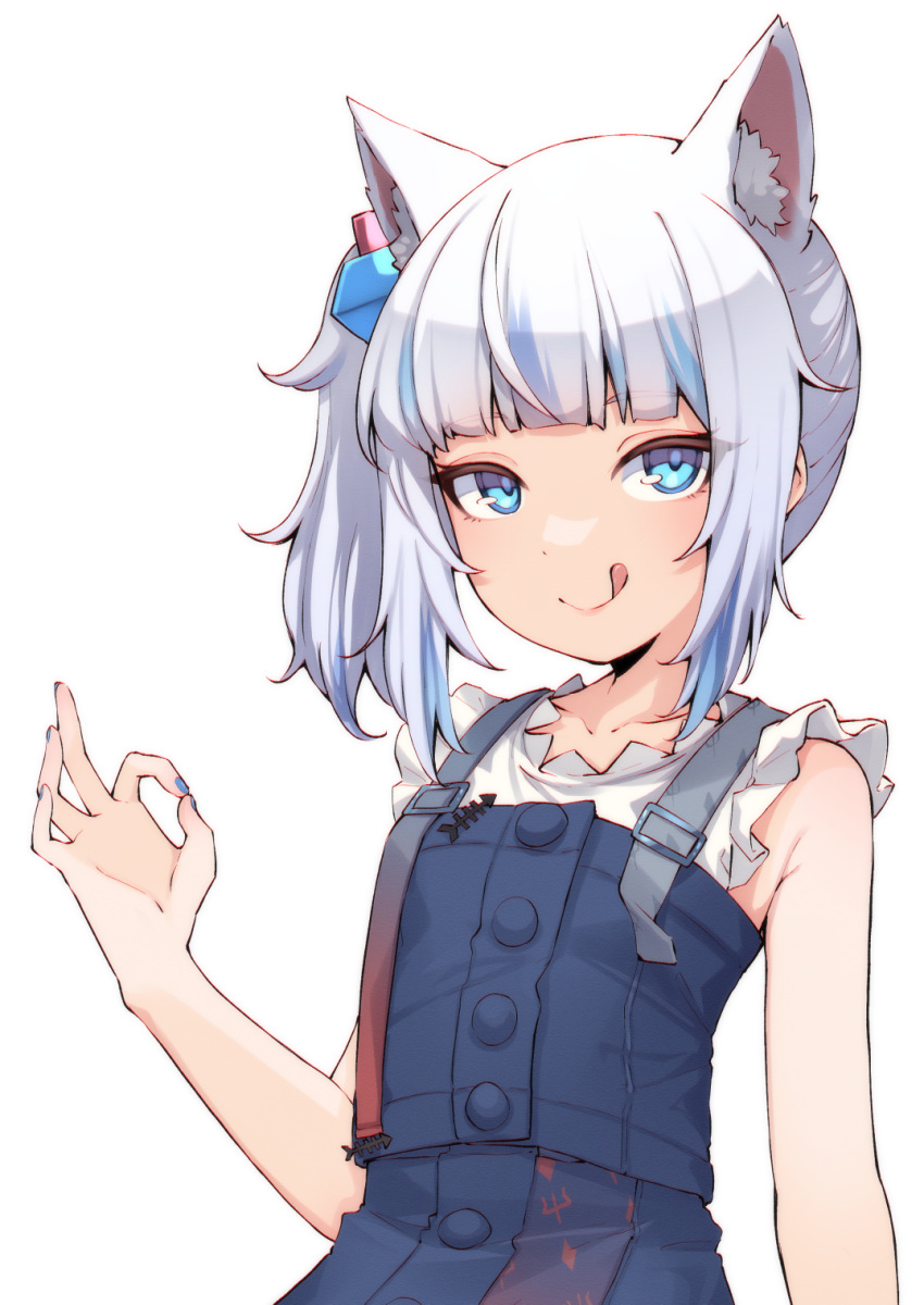 1girl :q animal_ear_fluff animal_ears arm_at_side bangs blue_eyes blue_hair blue_skirt blunt_bangs cat_ears commentary extra_ears fellatio_gesture gawr_gura grey_hair hand_up highres hololive hololive_english looking_at_viewer multicolored_hair official_alternate_costume shirt side_ponytail simple_background skirt skirt_set sleeveless sleeveless_shirt solo streaked_hair tongue tongue_out upper_body valefal_coneri virtual_youtuber white_background white_shirt