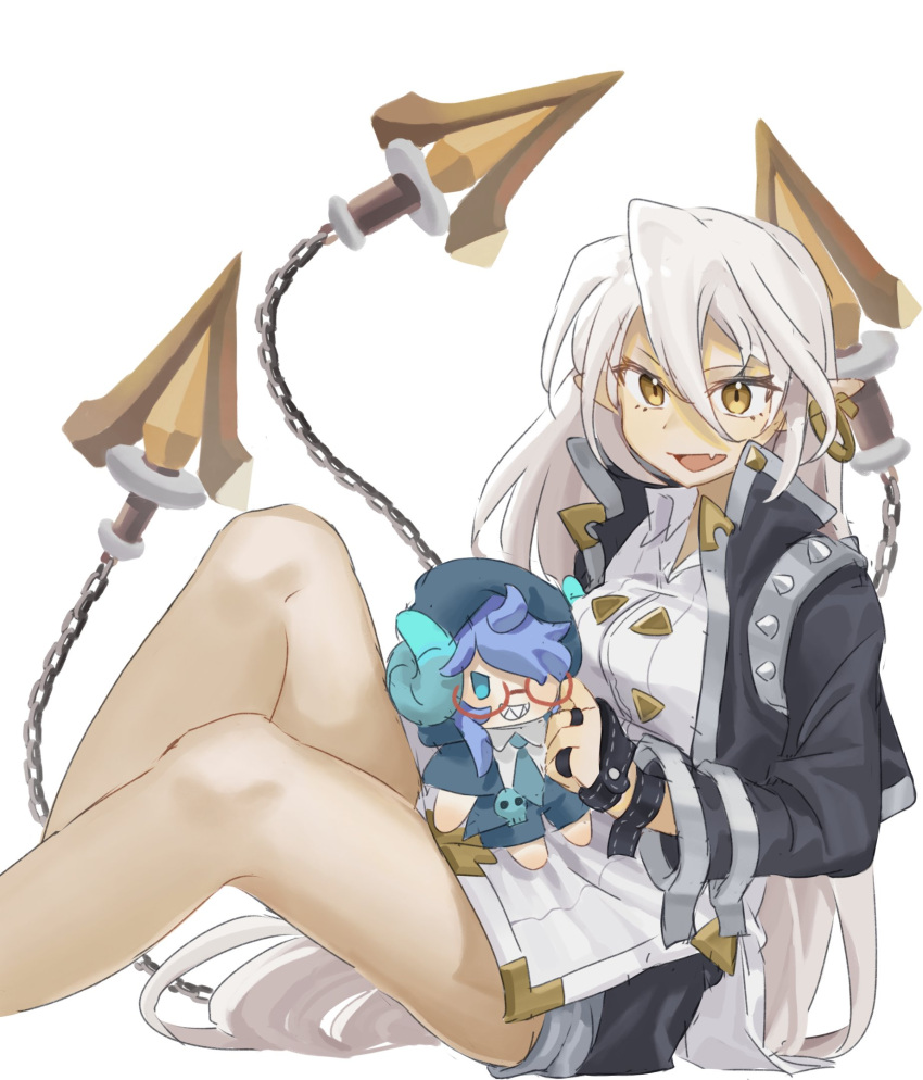 2girls blue_hair doll guardian_tales highres holding holding_doll jupitermu long_hair mad_scientist_gremory multiple_girls odile_(guardian_tales) stuffed_toy thighs white_hair yellow_eyes