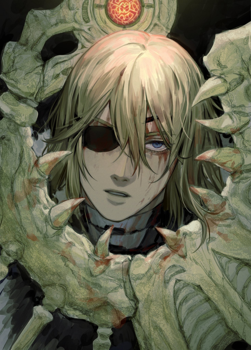 1boy aymr_(fire_emblem) bangs blonde_hair blood blood_on_face blue_eyes dimitri_alexandre_blaiddyd eyepatch fire_emblem fire_emblem:_three_houses highres leedare614 long_hair looking_at_viewer open_mouth solo