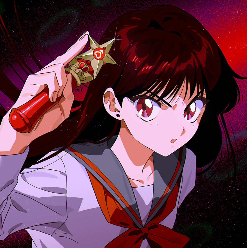 1girl bishoujo_senshi_sailor_moon earrings grey_sailor_collar highres hino_rei holding jewelry open_mouth popogano red_eyes red_theme sailor_collar school_uniform solo star_(symbol)