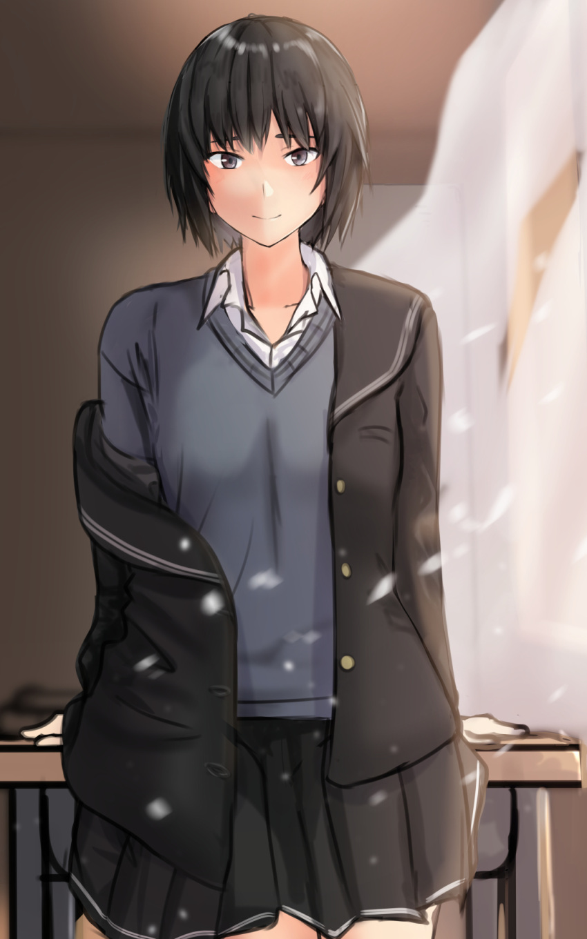 1girl amagami bangs black_cardigan black_hair black_sailor_collar black_skirt breasts brown_eyes cardigan classroom commentary cowboy_shot curtains desk grey_sweater highres kibito_high_school_uniform light_particles light_smile looking_at_viewer medium_breasts nanasaki_ai off_shoulder open_cardigan open_clothes pleated_skirt sailor_collar school_desk school_uniform short_hair skirt smile solo standing sweater uniform wind yoo_tenchi