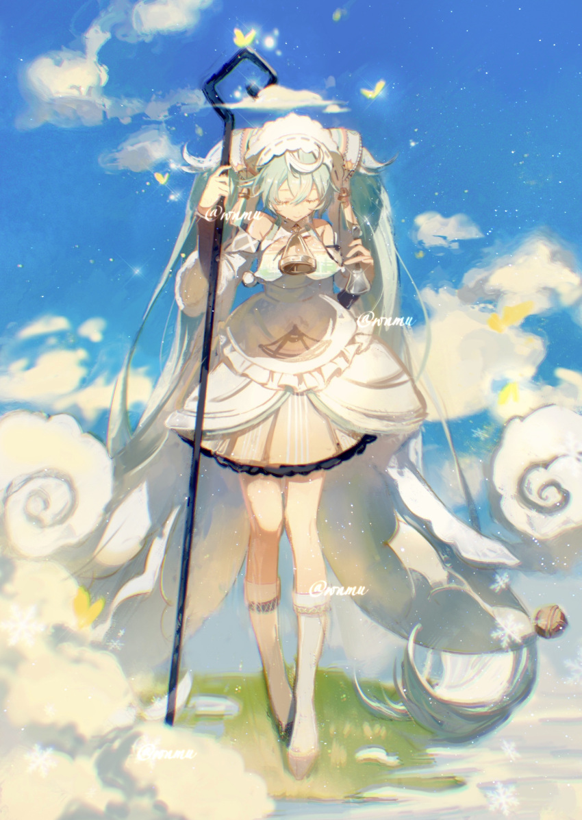 1girl absurdly_long_hair bell blue_hair blue_sky boots closed_eyes clouds day detached_sleeves dress full_body hair_between_eyes hatsune_miku headdress highres holding holding_staff knee_boots long_hair long_sleeves neck_bell outdoors shepherd's_crook shiny shiny_hair short_dress sky sleeveless sleeveless_dress solo staff standing twintails twitter_username very_long_hair vocaloid watermark white_dress white_footwear white_sleeves wnmuwnmu