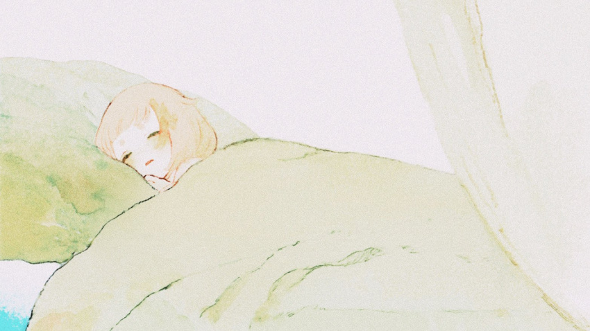 1girl blanket character_request closed_eyes film_grain hair_flaps light_brown_hair lying musou_no_machi on_side parted_lips pillow short_eyebrows short_hair sleeping solo under_covers yorunogumo