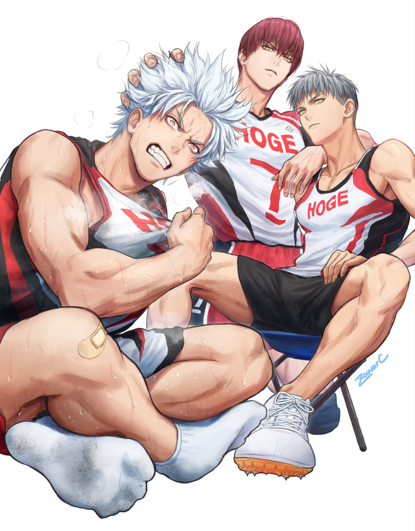 3boys arm_on_shoulder artist_name bandaid bandaid_on_knee bandaid_on_leg bangs bare_shoulders basketball_jersey basketball_uniform biceps black_shorts chair clenched_teeth closed_mouth clothes_writing commentary_request crossed_legs expressionless green_eyes grey_hair hair_between_eyes hand_on_another's_head highres jersey knee_pads kneeling looking_at_viewer male_focus multicolored_clothes multicolored_shorts multiple_boys on_chair orange_shorts original parted_lips redhead shirt shoes short_hair shorts simple_background sitting sneakers socks spiky_hair sportswear sweat teeth undercut v-shaped_eyebrows white_background white_footwear white_hair white_shorts white_socks yellow_eyes zawar379