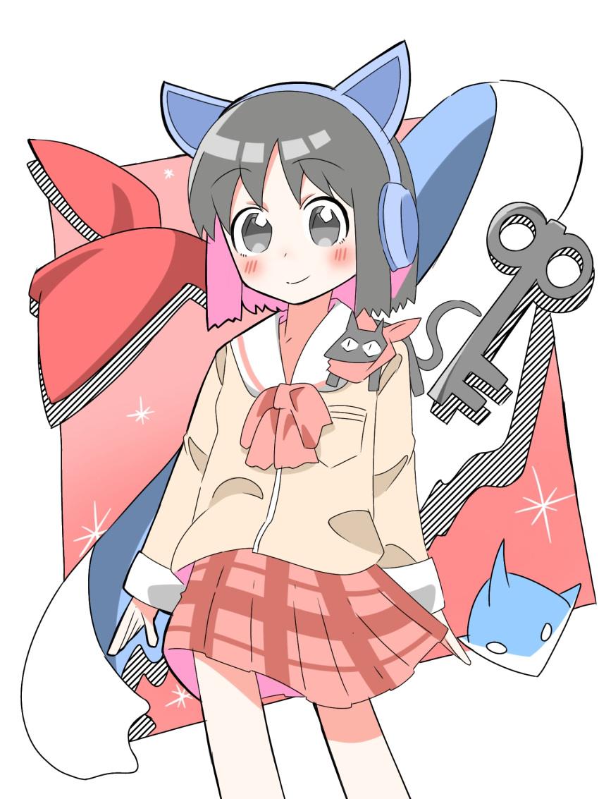 1girl animal animal_ear_headphones animal_ears black_eyes black_hair blush cat cat_ear_headphones cat_ears closed_mouth dimasf_2421 fake_animal_ears headphones highres key looking_at_viewer nichijou red_scarf sakamoto_(nichijou) scarf school_uniform shark shinonome_nano short_hair skirt smile