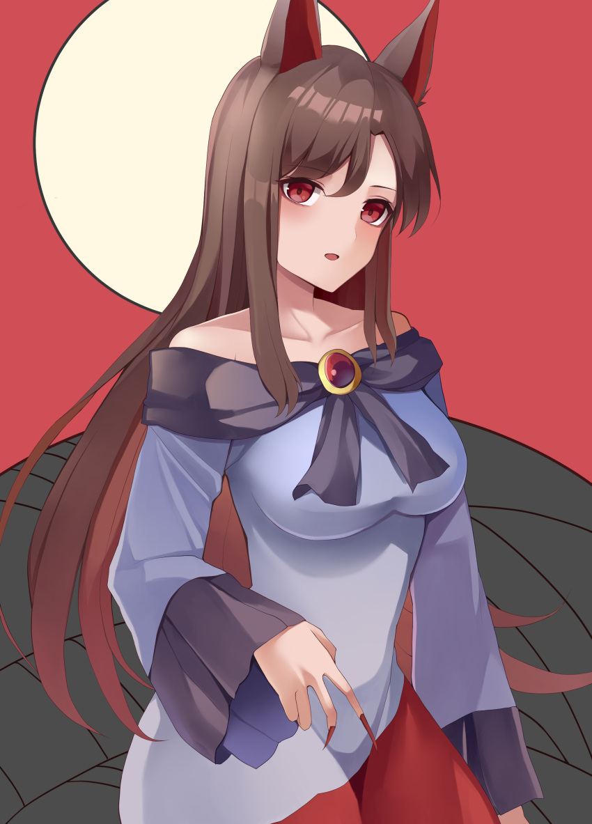 1girl absurdres animal_ears blush brown_hair collarbone dress fingernails highres imaizumi_kagerou koizumo long_fingernails long_hair long_sleeves nail_polish open_mouth red_dress red_eyes red_nails sharp_fingernails solo touhou upper_body white_dress wolf_ears