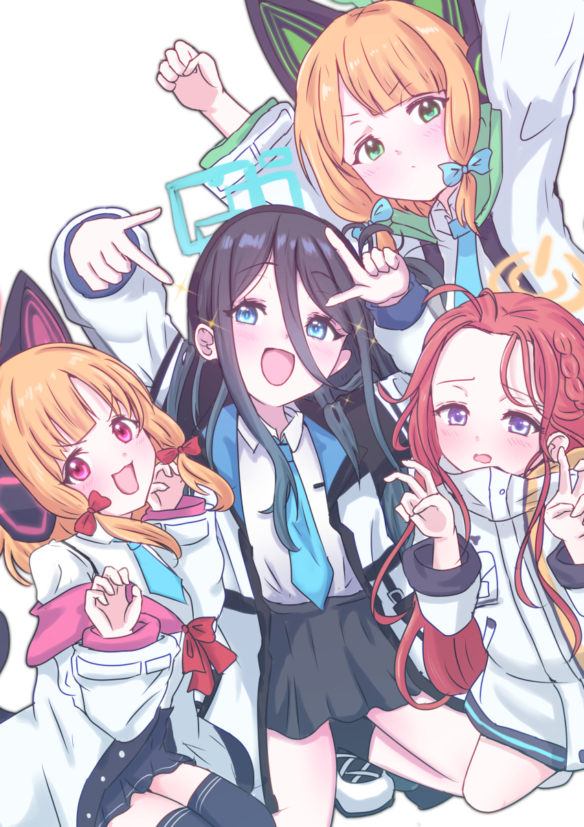 4girls absurdres animal_ear_headphones animal_ears aris_(blue_archive) arms_up bangs black_hair black_skirt black_socks black_thighhighs blonde_hair blue_archive blue_bow blue_eyes blue_necktie bow braid cat_ear_headphones cat_tail claw_pose clenched_hands commentary dot_nose double_v eyelashes fake_animal_ears forehead giorgio_(yo_sumire_sola1) green_eyes hair_between_eyes hair_bow halo hands_up headphones highres jacket kneeling legs light_blush long_hair long_sleeves looking_at_viewer medium_hair messy_hair midori_(blue_archive) momoi_(blue_archive) multiple_girls necktie open_mouth pink_eyes pleated_skirt red_bow redhead serious shirt sitting skirt smile socks sparkle tail thigh-highs thighs v v-shaped_eyebrows violet_eyes wariza wavy_mouth white_background white_footwear white_jacket white_shirt yuzu_(blue_archive)