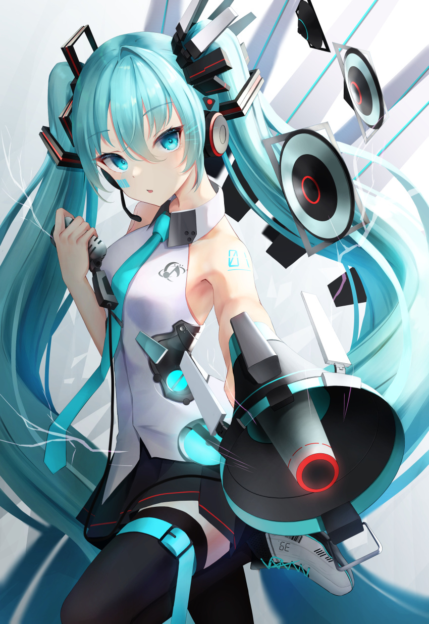 1girl 39 absurdres bangs barcode barcode_tattoo blue_eyes blue_hair blush cable collared_shirt facial_mark hair_ornament hatsune_miku headphones headset highres holding holding_megaphone holding_microphone long_hair megaphone microphone microphone_cord necktie parted_lips pleated_skirt shin_insh shirt shoes skirt sleeveless sleeveless_shirt sneakers solo standing standing_on_one_leg tattoo thigh-highs twintails very_long_hair vocaloid