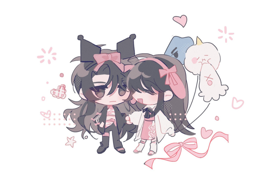 2girls animal_balloon animal_ears balloon bangs black_eyes black_footwear black_hair black_jacket black_pants bow chibi closed_eyes closed_mouth commentary dress fake_animal_ears full_body genderswap genderswap_(mtf) hair_between_eyes hair_bow heart highres holding holding_balloon holding_hands jacket kim_dokja kuromi long_hair long_sleeves looking_at_another multiple_girls omniscient_reader's_viewpoint open_mouth pants pink_bow pink_dress rabbit_ears shin_yoosung simple_background smile standing symbol-only_commentary white_background white_jacket ya_qaq yoo_joonghyuk