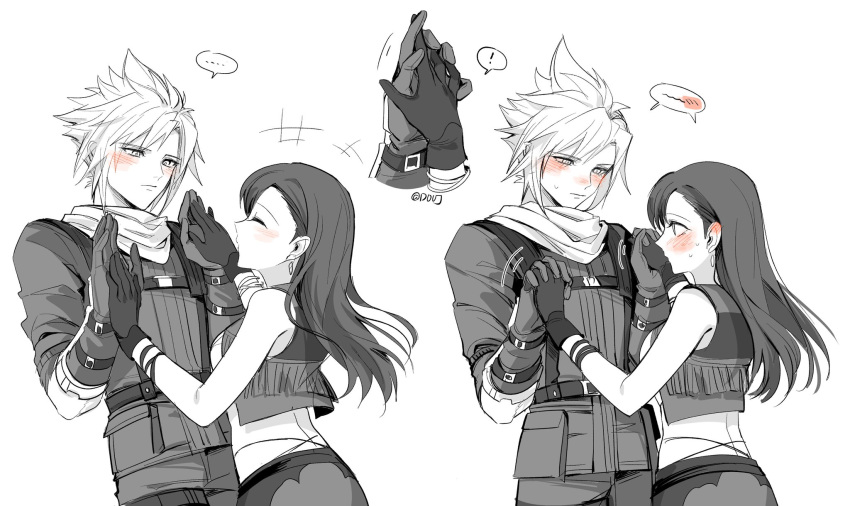 1boy 1girl bare_shoulders belt black_hair blush breasts closed_mouth cloud_strife couple crisis_core_final_fantasy_vii crop_top duoj_ji ear_blush earrings final_fantasy final_fantasy_vii gloves highres holding_hands interlocked_fingers jewelry long_hair looking_at_another monochrome multiple_views official_alternate_costume scarf shinra_infantry_uniform skirt speech_bubble spiky_hair spot_color tifa_lockhart upper_body vest white_background