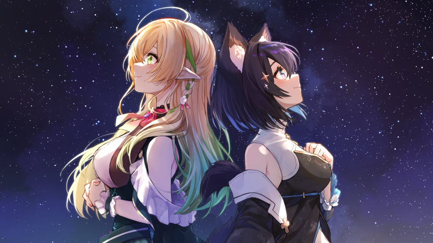 2girls absurdres ahoge animal_ear_fluff animal_ears back-to-back bare_shoulders belt black_dress black_hair black_jacket black_tail blonde_hair blue_hair braid breasts cape cat_ears cat_girl cat_tail cleavage_cutout clothing_cutout colored_inner_hair commentary_request dress flower from_side gradient_hair green_eyes green_hair green_skirt hair_between_eyes hair_flower hair_ornament hand_on_own_chest highres hoshina_suzu jacket light_smile long_hair looking_up loose_belt medium_breasts multicolored_eyes multicolored_hair multiple_girls neck_ribbon night night_sky off_shoulder pink_eyes pink_ribbon ribbon rinderon0722 saohime_yue shirt short_hair side_braid skirt sky sleeveless sleeveless_dress sparkle_hair_ornament star_(sky) starry_sky tail underbust upper_body violet_eyes virtual_youtuber wactor_production white_flower white_shirt wrist_cuffs