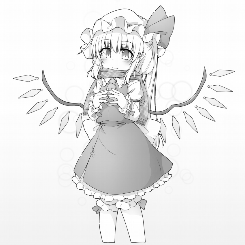 1girl adapted_costume ascot back_bow bloomers bow closed_eyes collared_shirt cropped_legs fang fang_out feet_out_of_frame flandre_scarlet frilled_shirt_collar frilled_skirt frilled_sleeves frills gradient gradient_background grey_background greyscale hair_between_eyes hat highres juliet_sleeves large_bow long_hair long_sleeves looking_at_viewer marukyuu_ameya mob_cap monochrome own_hands_together pointy_ears puffy_sleeves scarf shirt simple_background skin_fang skirt skirt_set solo steepled_fingers touhou underwear vest white_background wings